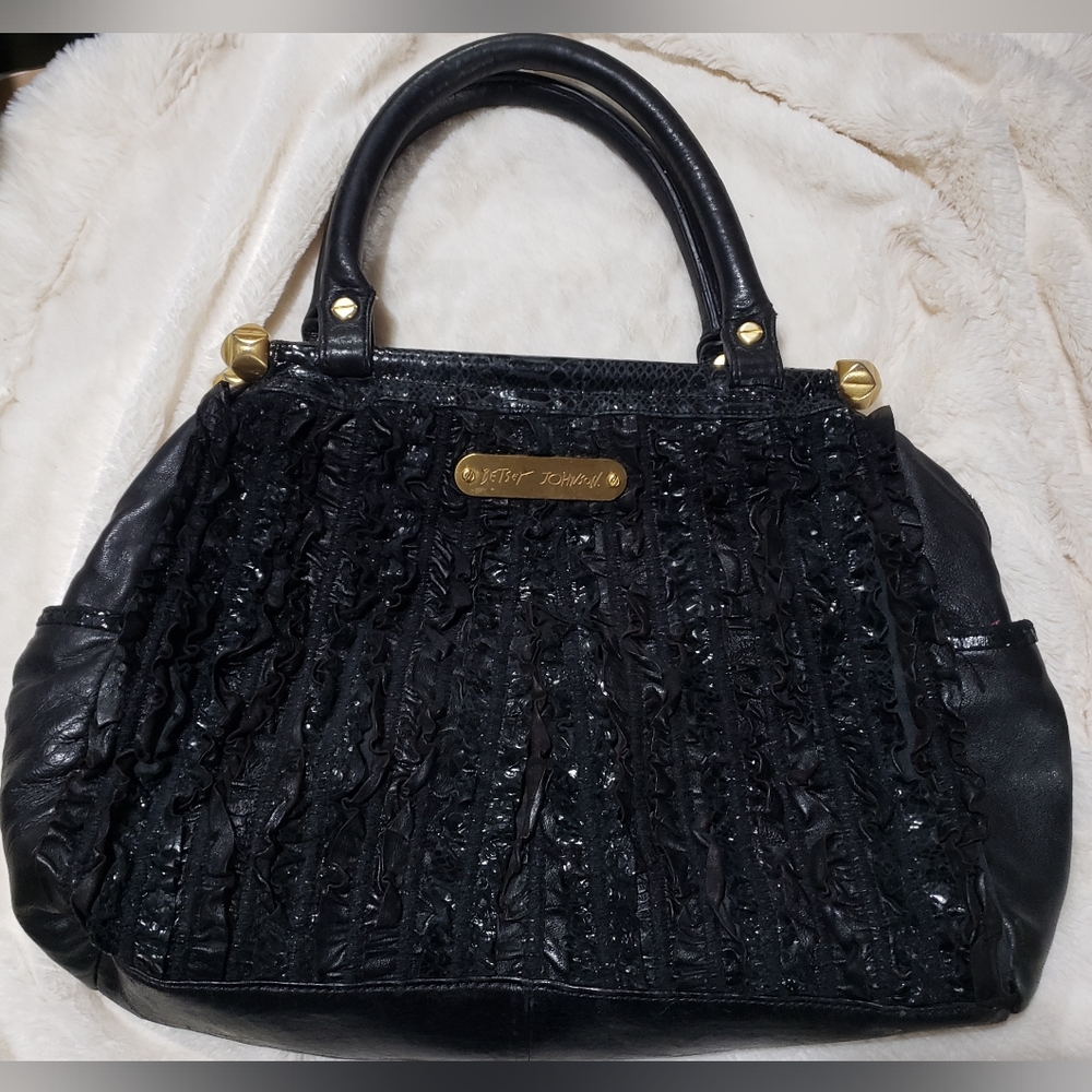 Betsey Johnson Black Leather Ruffle Satchel Shoulder Bag